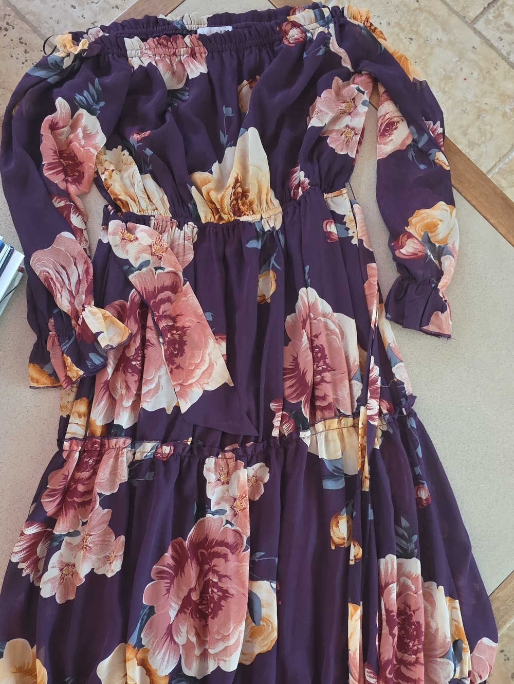 Baltic Born Purple Floral Off-Shoulder Tiered Maxi Dress